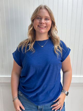 Addie Slub Cuffed Sleeve Tee - Navy-Top-ZENANA-FD 08/03/26,Tops Collection-The Twisted Chandelier