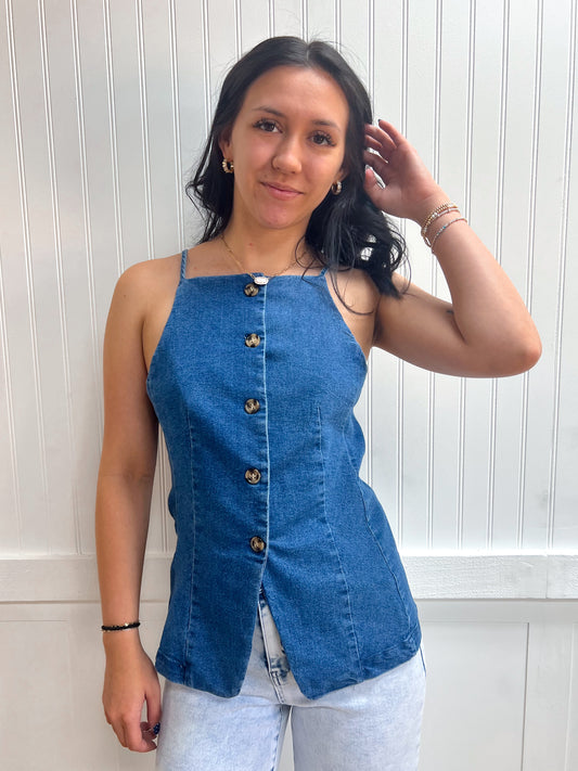 Rowan Straight Neckline Stretch Denim Long Vest Top-Shirts & Tops-Active Basic | Active USA-FD 04/30/26,Tops Collection-The Twisted Chandelier