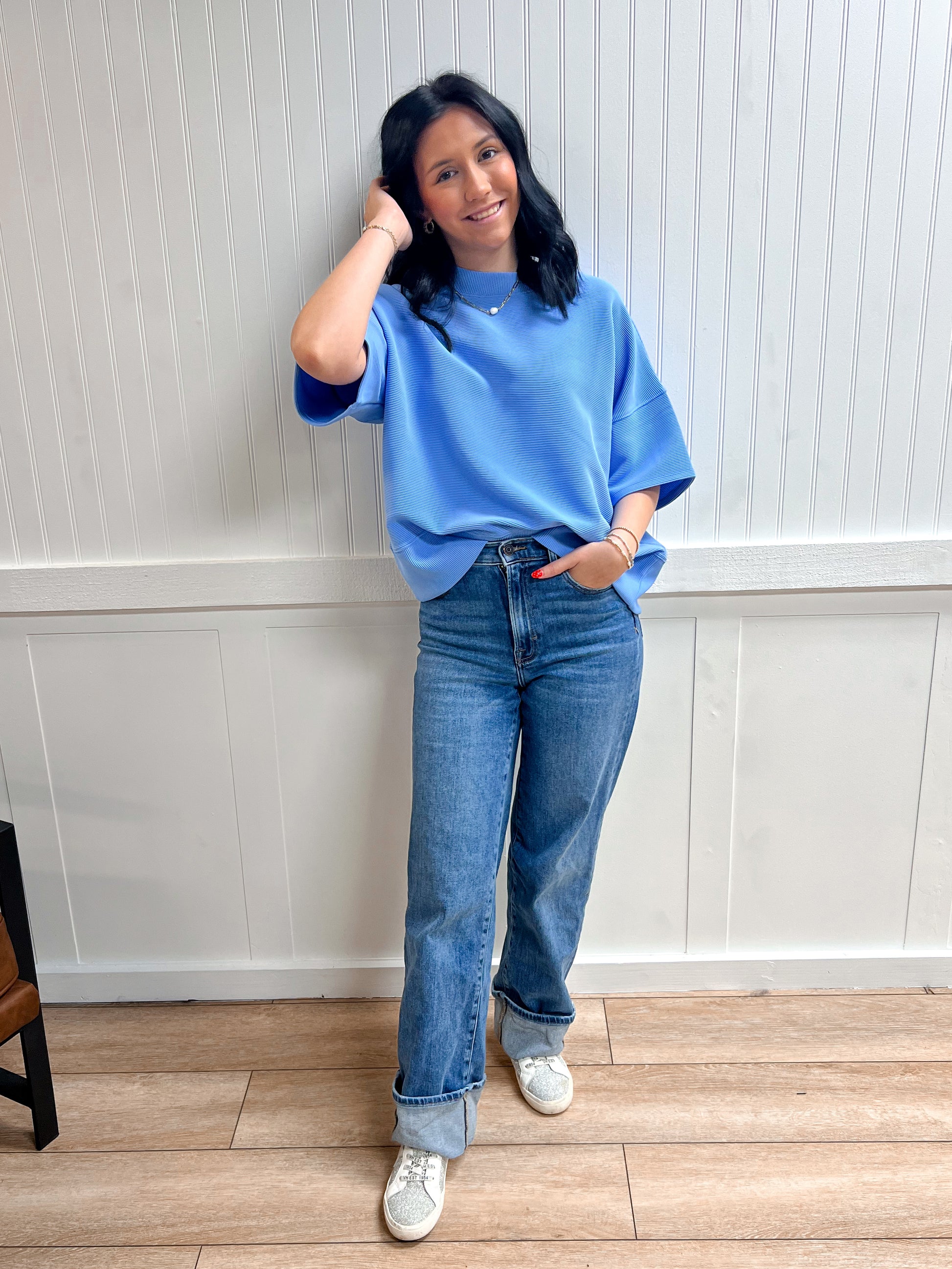 Kinsley Ribbed Round Neck Waist Banded Tee Shirts - Cornflower Blue-Zenana-Tops Collection-The Twisted Chandelier