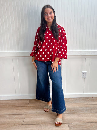 Audrey Ruffled Neckline Polka Dot Blouse