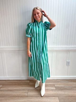 Charlotte Stripe Print Short Puff Sleeve Midi Dress-Dress-ENTRO-DJR,FD 04/20/26,OGP $72.99 5/28/26-The Twisted Chandelier