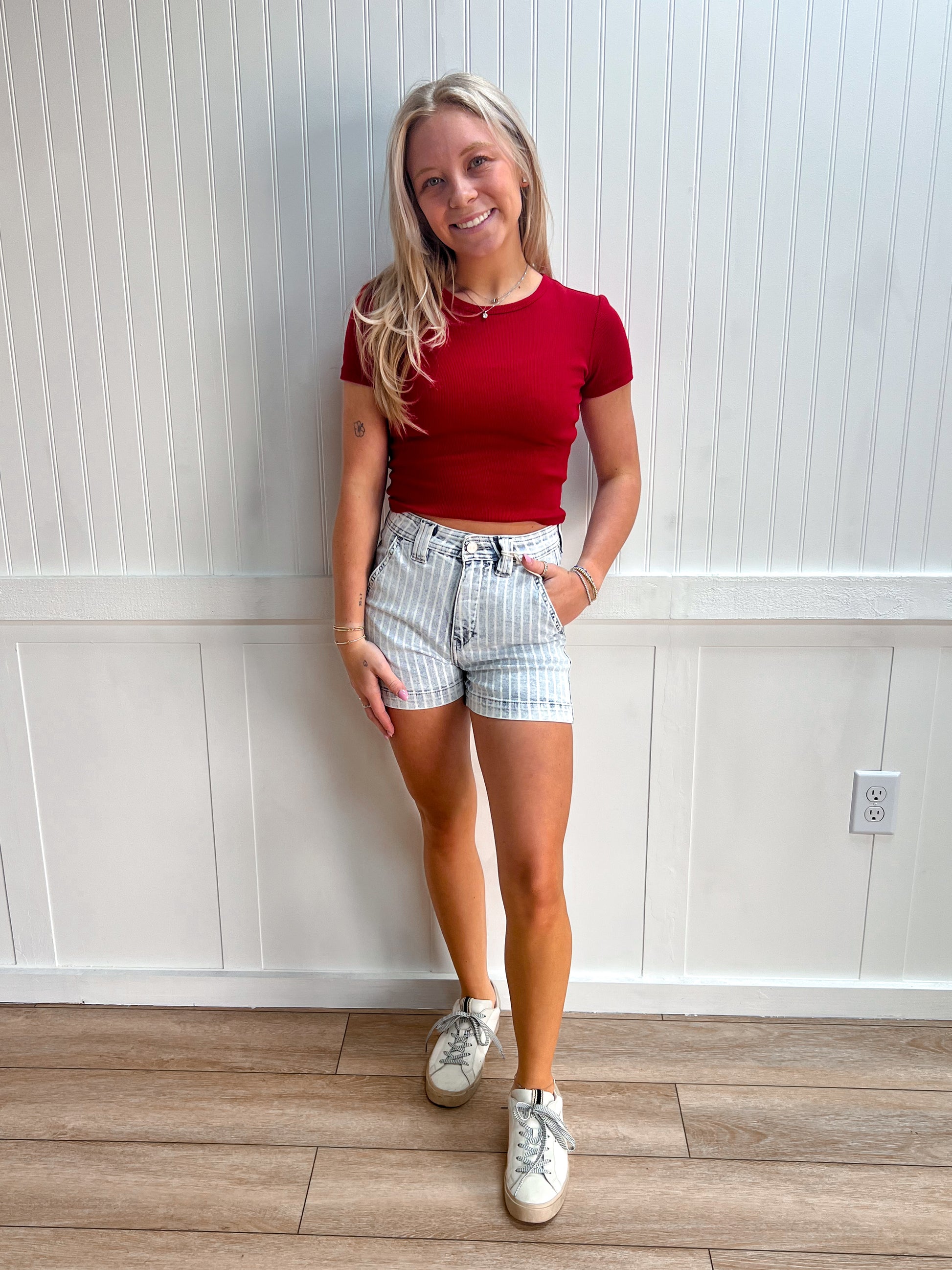 Landry Light Wash High Rise Stripe Denim Shorts-Denim Shorts-Kan Can USA-bottoms,KC9378L-The Twisted Chandelier