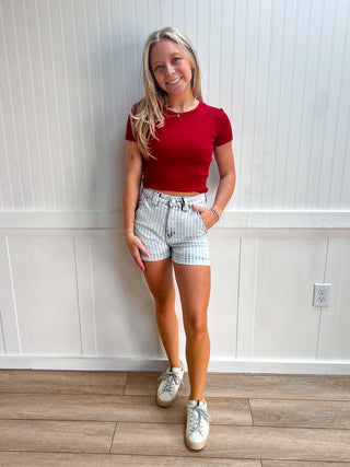 Landry Light Wash High Rise Stripe Denim Shorts-Denim Shorts-Kan Can USA-bottoms,KC9378L-The Twisted Chandelier