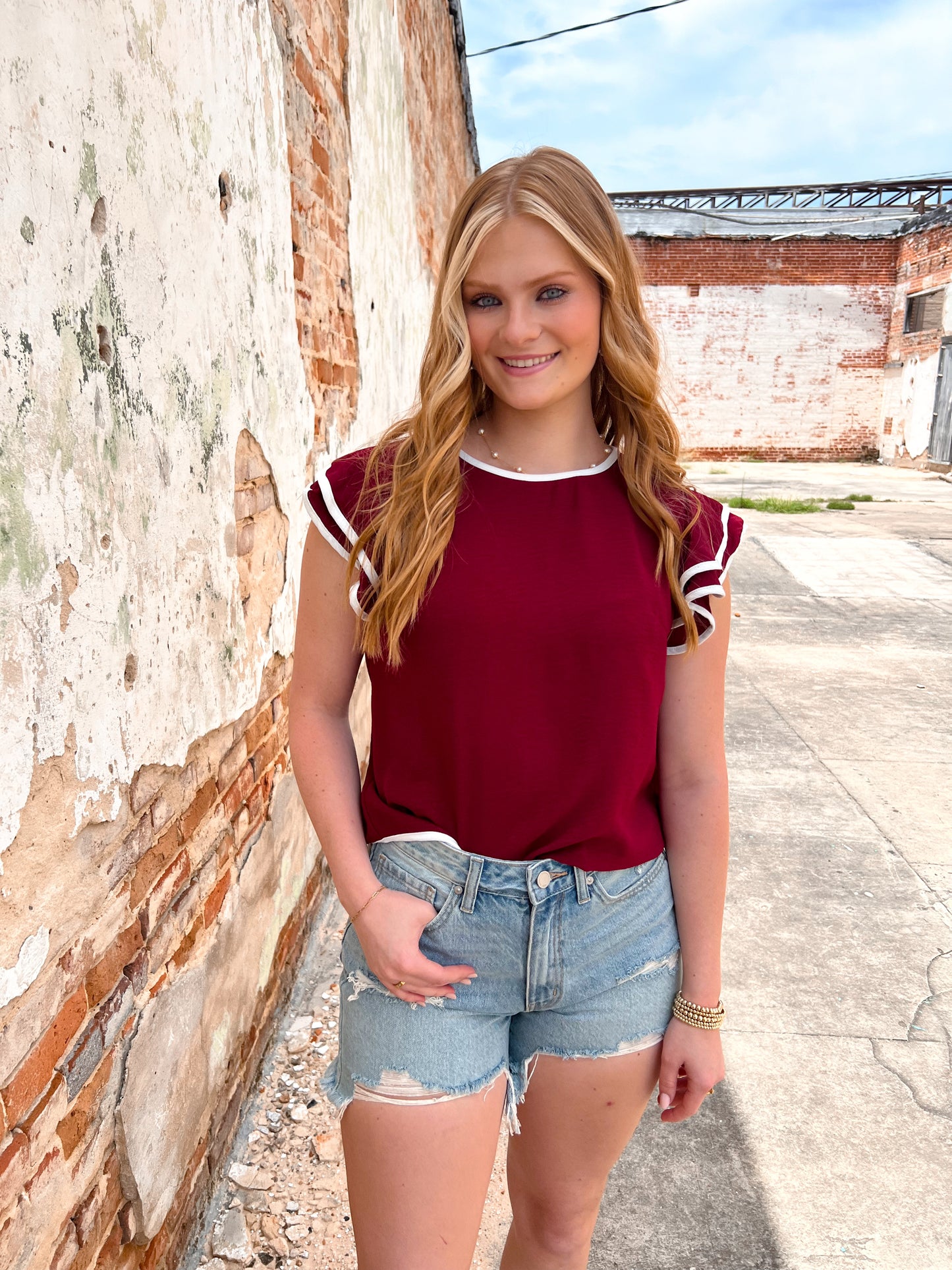 Maria Ruffle Sleeve Contrast Piping Top - Maroon-Apparel & Accessories-She & Sky-Bin a1, gameday, SY6057, Tops Collection-The Twisted Chandelier