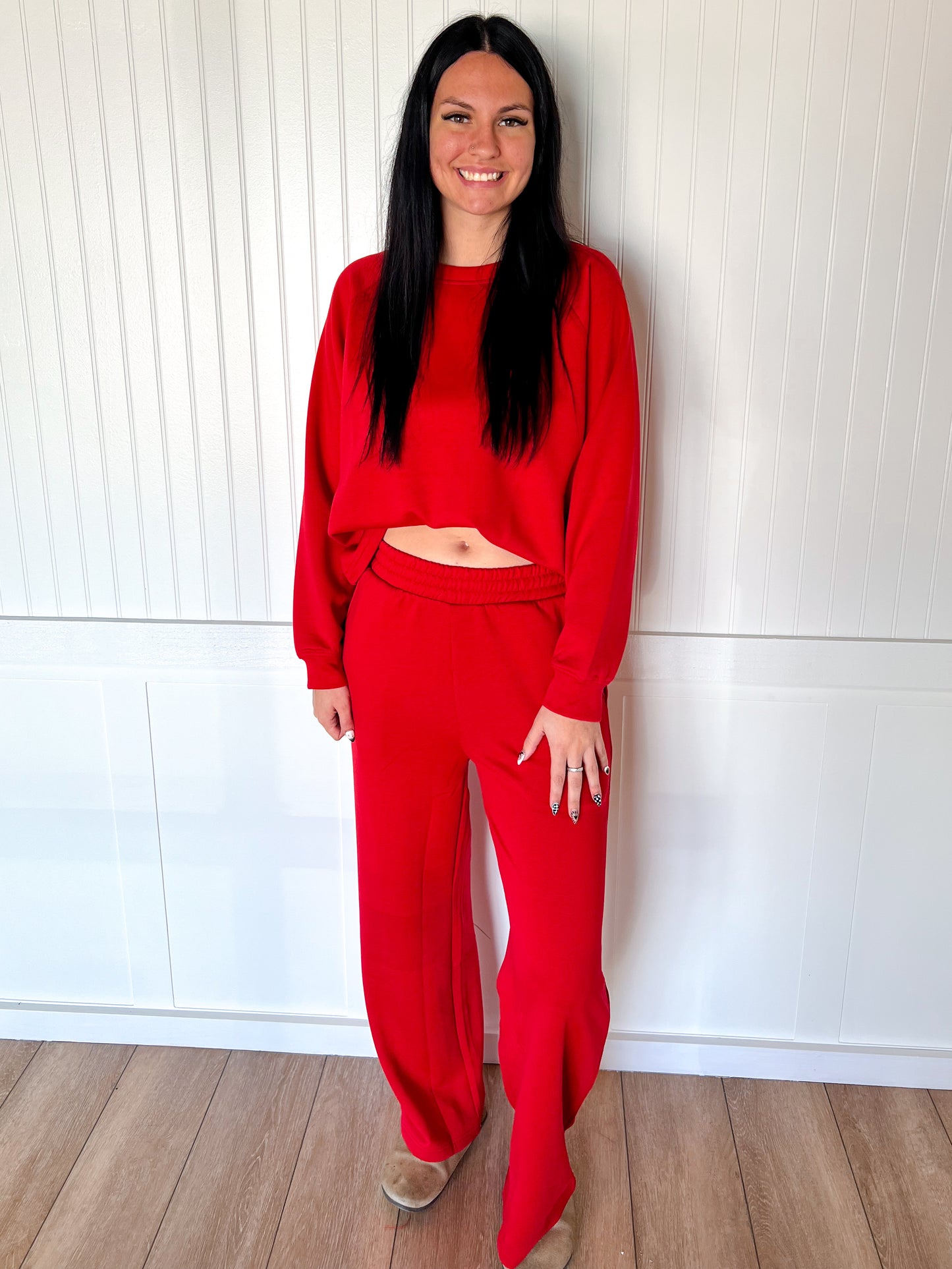 Tessa Scuba Crewneck Pullover & Pants 2-Piece Lounge Set – Soft Stretch Matching Set - Red-Outfit Sets-Zenana-FD 11/6/25-The Twisted Chandelier