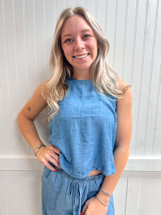 Hadley Back Button Sleeveless Chambray Top-Shirts & Tops-Blu Pepper-CR2967,FD 03/12/26,RWB,Tops Collection-The Twisted Chandelier