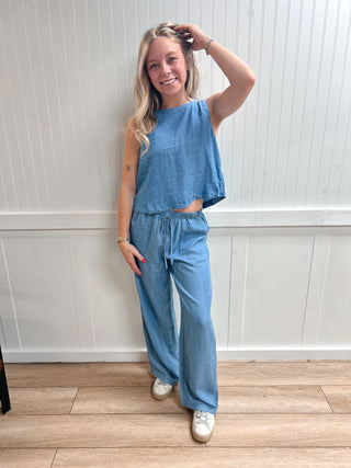 Hadley Back Button Sleeveless Chambray Top-Shirts & Tops-Blu Pepper-CR2967,FD 03/12/26,RWB,Tops Collection-The Twisted Chandelier