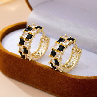 Checker Black & Crystal Baguette Hoop Earrings-Earrings-JOSSLYN by wall to wall-80E61892-The Twisted Chandelier