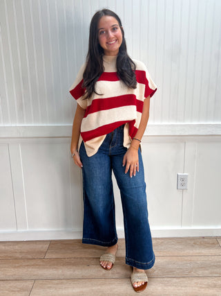 Arden Striped Print Slay Sleeves Knit Top
