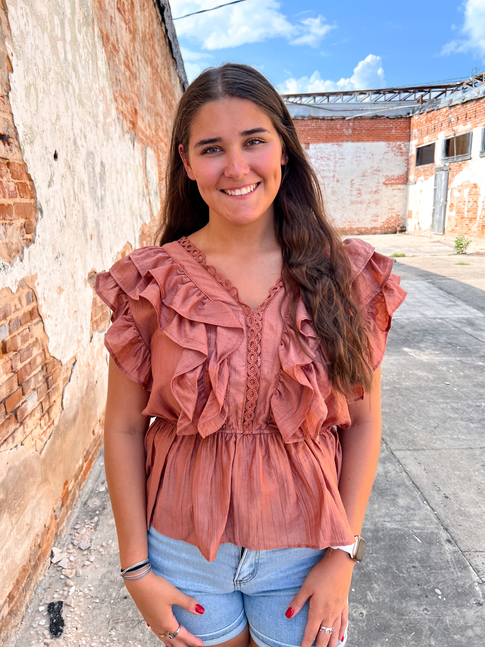 Beth Desert Rose Ruffle Top-BLOUSE TOP-Southern Grace Wholesale-9233E, BIN C2, Tops Collection-The Twisted Chandelier