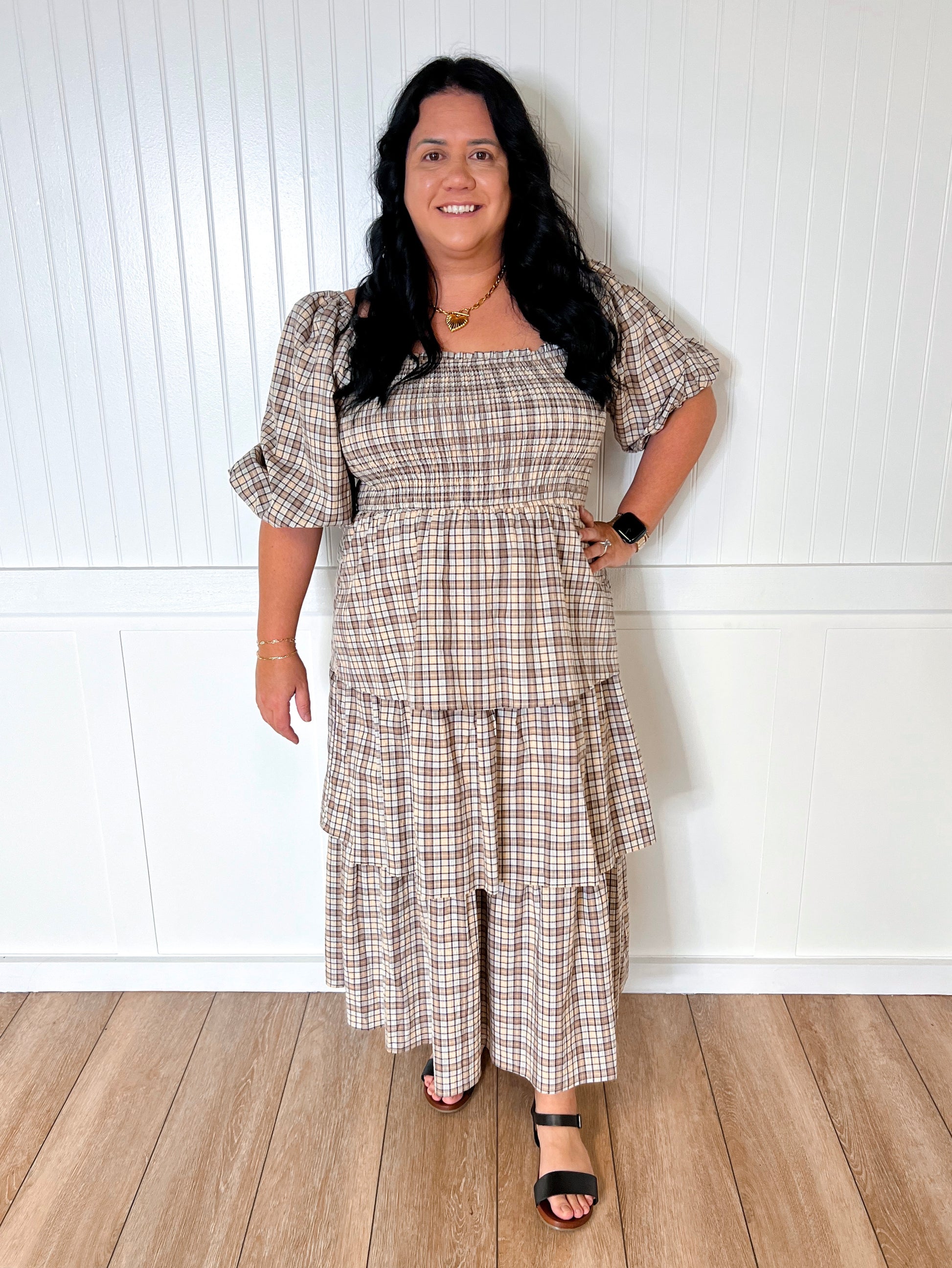 Charlotte Crinkled Plaid Smocked Top Midi Dress-Oddi-Bin B3,DJR,OGP 71.99-The Twisted Chandelier