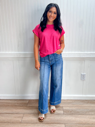 Addie Slub Cuffed Sleeve Tee - Fuschia-Top-ZENANA-Tops Collection-The Twisted Chandelier