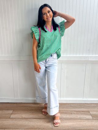 Eloise Check Print Flutter Sleeve Top