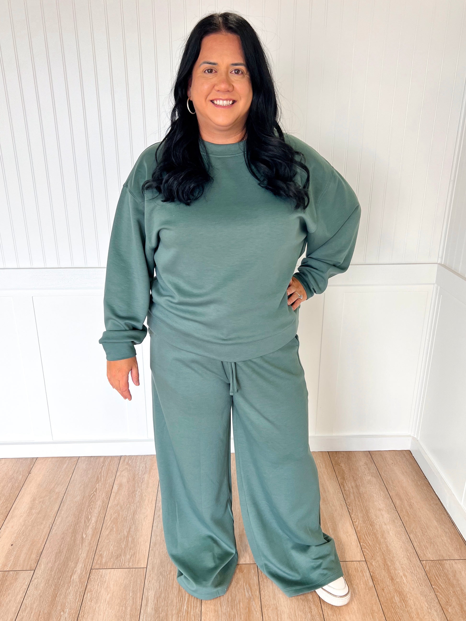 Mabel Cozy Scuba Crewneck Pullover & Wide Leg Pants 2-Piece Set - Plus-Outfit Sets-Zenana-FD 11/6/25-The Twisted Chandelier