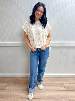Zara Clip Dot Short Sleeve Side Tie Crochet Sweater-Shirts & Tops-Blu Pepper-FD 03/12/26,Tops Collection-The Twisted Chandelier