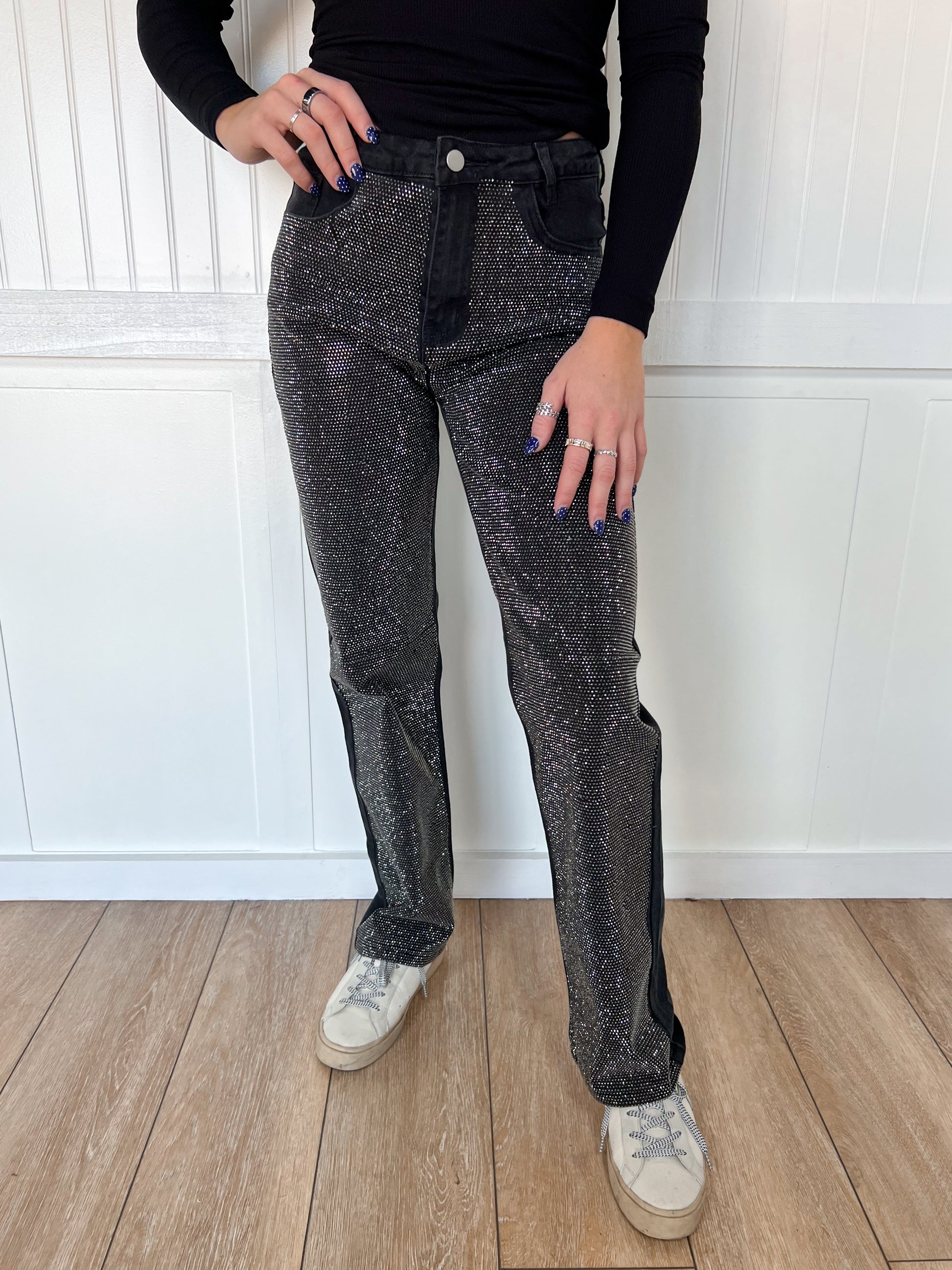 Ida High Rise Rhinestone Studded Black Denim Jeans-Denim-blue b.-bottoms,Max Retail,OGP 69.99,western & concert-The Twisted Chandelier