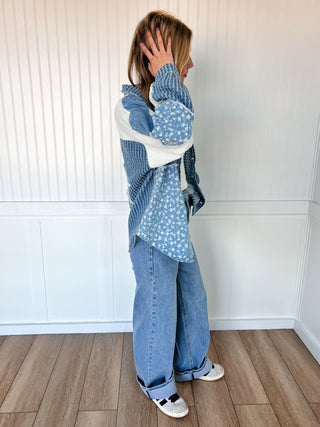Lizzie Patchwork Mix Media Print Oversized Denim Shacket-Shirts & Tops-mittoshop-FD 01/16/26-The Twisted Chandelier