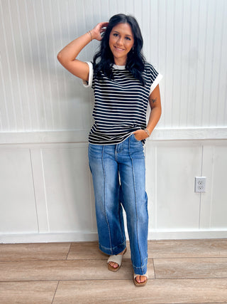 Carly Contrast Trim Cap Sleeve Stripe Tee - Black-Top-Zenana-FD 07/28/26,Tops Collection-The Twisted Chandelier