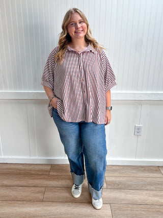 Merritt Oversized Stripe Button Down Shirt - Cabernet-Top-Zenana-FD 07/31/26,Tops Collection-The Twisted Chandelier