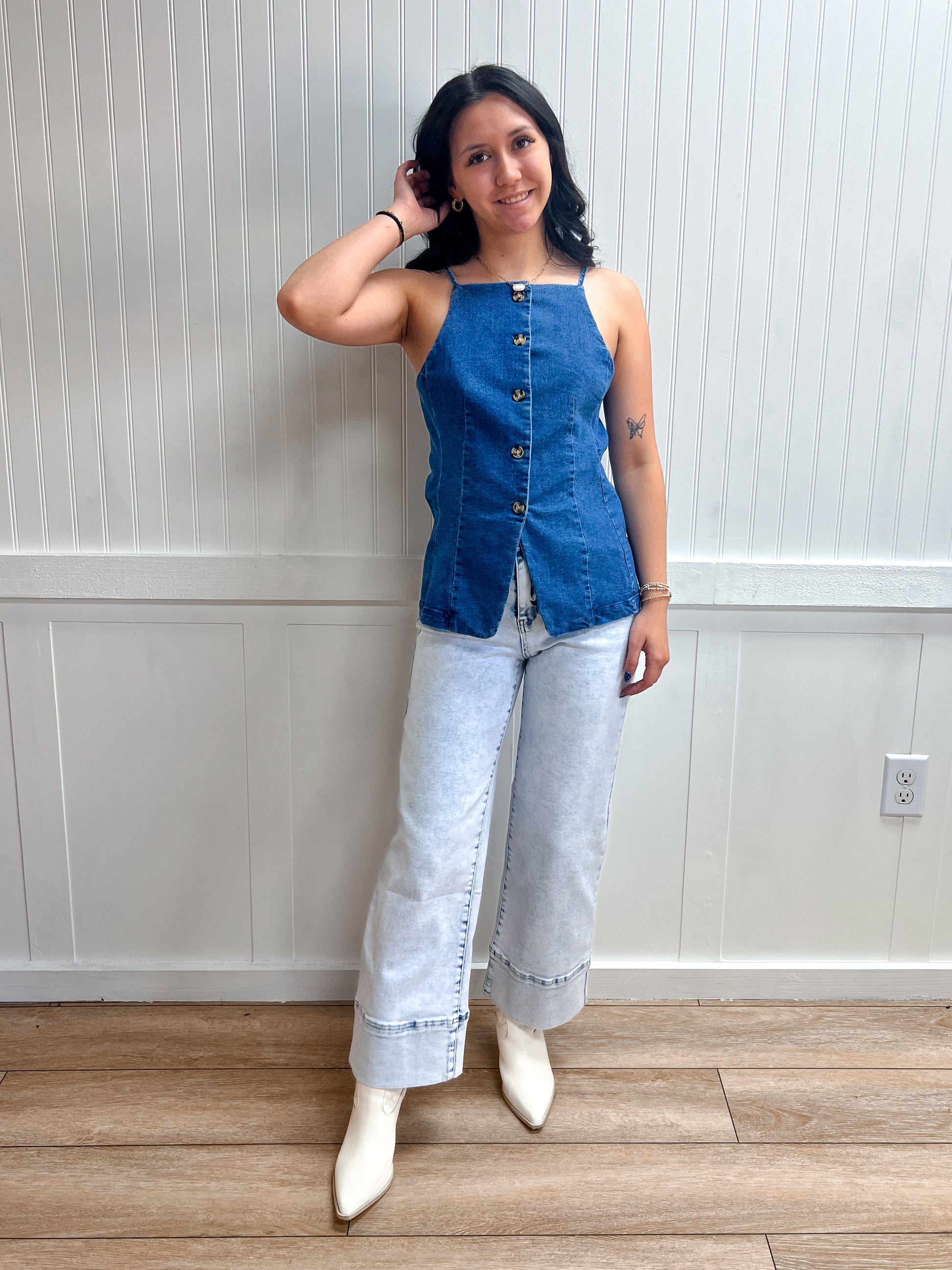 Rowan Straight Neckline Stretch Denim Long Vest Top-Shirts & Tops-Active Basic | Active USA-FD 04/30/26,Tops Collection-The Twisted Chandelier