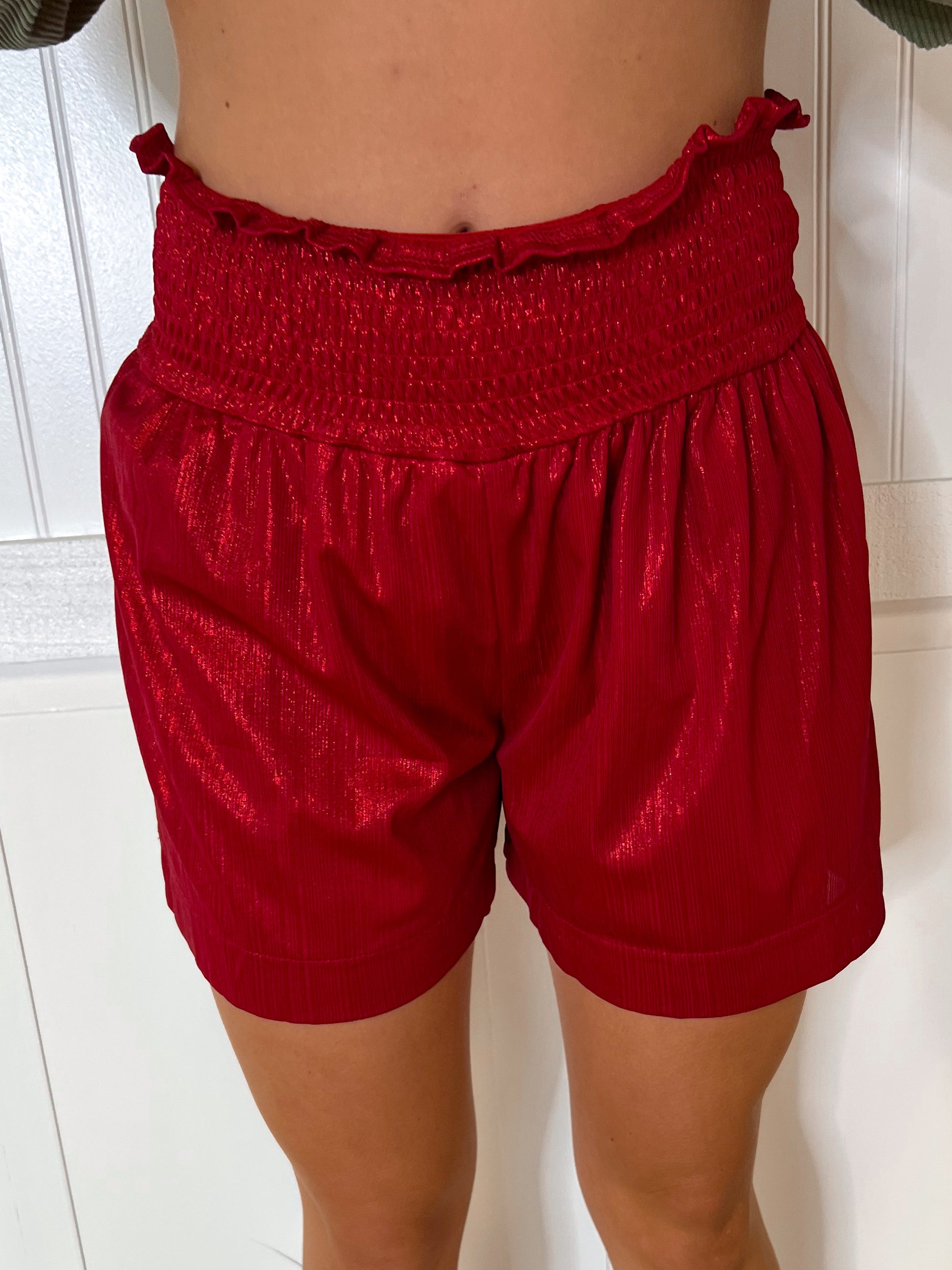 Julie Red High Waisted Shimmer Shorts-Shorts-Southern Grace Wholesale-04/25,1st md,Bin D1,bottoms,Max Retail-The Twisted Chandelier