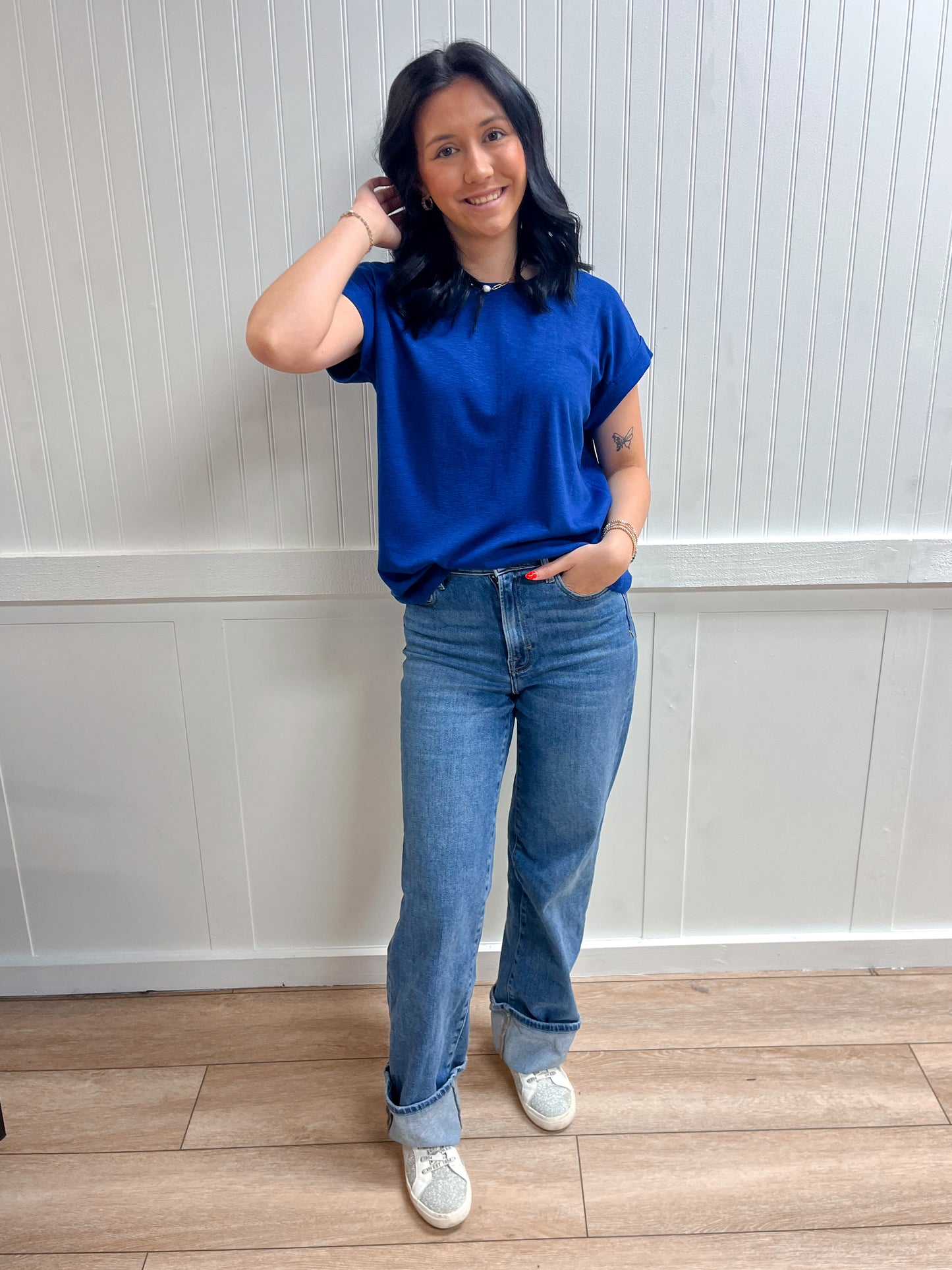 Delaney Cotton Modal Slub Rolled Sleeve Tee - Light Navy-ZENANA-Tops Collection-The Twisted Chandelier