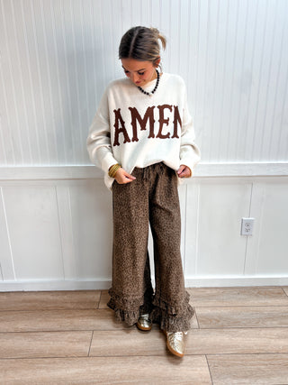 Delaney Animal Print Ruffle Hem Wide Leg Pants