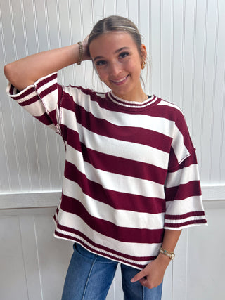 Baylor Stripe Knit Oversized Top - Maroon