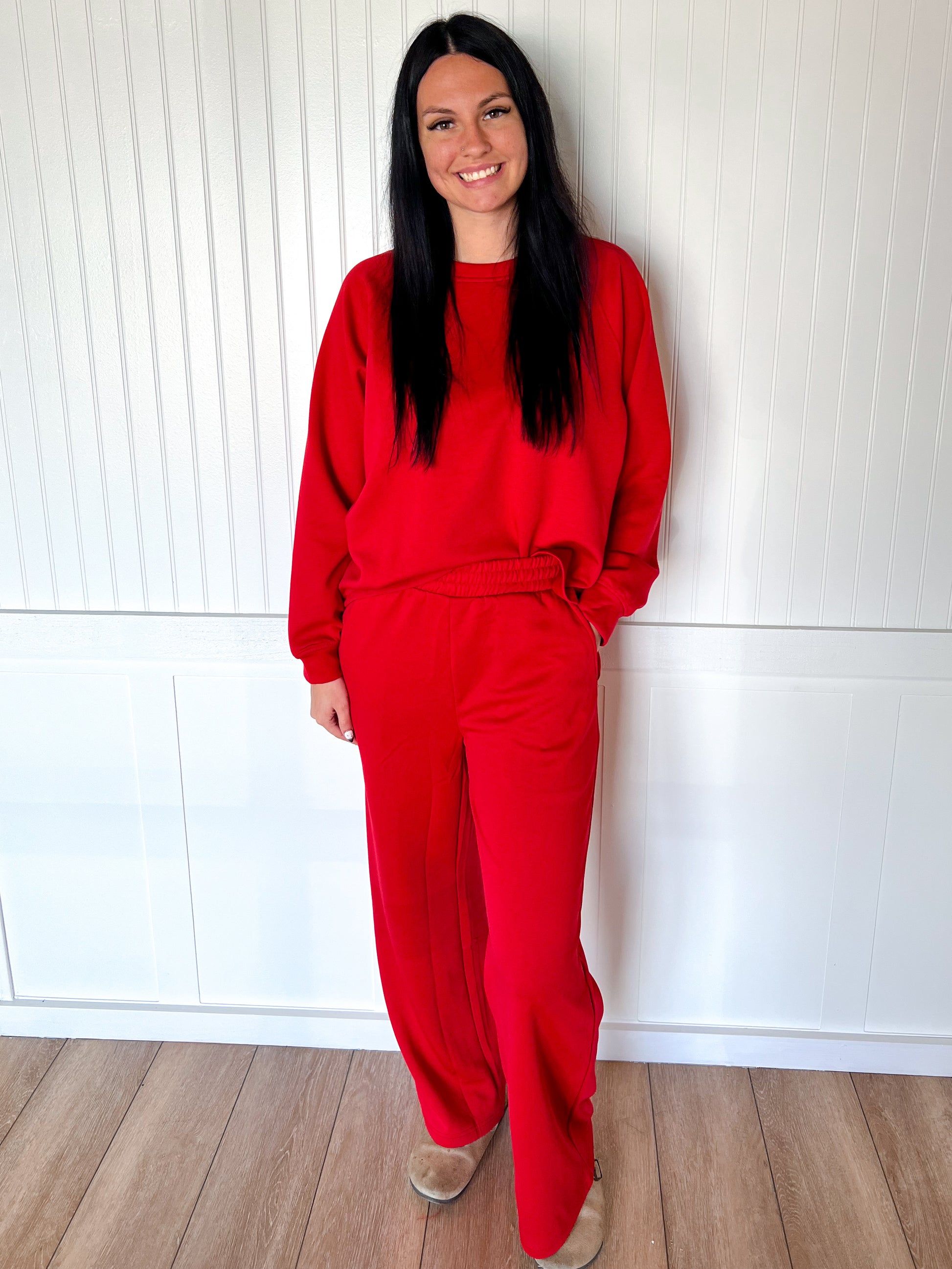 Tessa Scuba Crewneck Pullover & Pants 2-Piece Lounge Set – Soft Stretch Matching Set - Red-Outfit Sets-Zenana-FD 11/6/25-The Twisted Chandelier