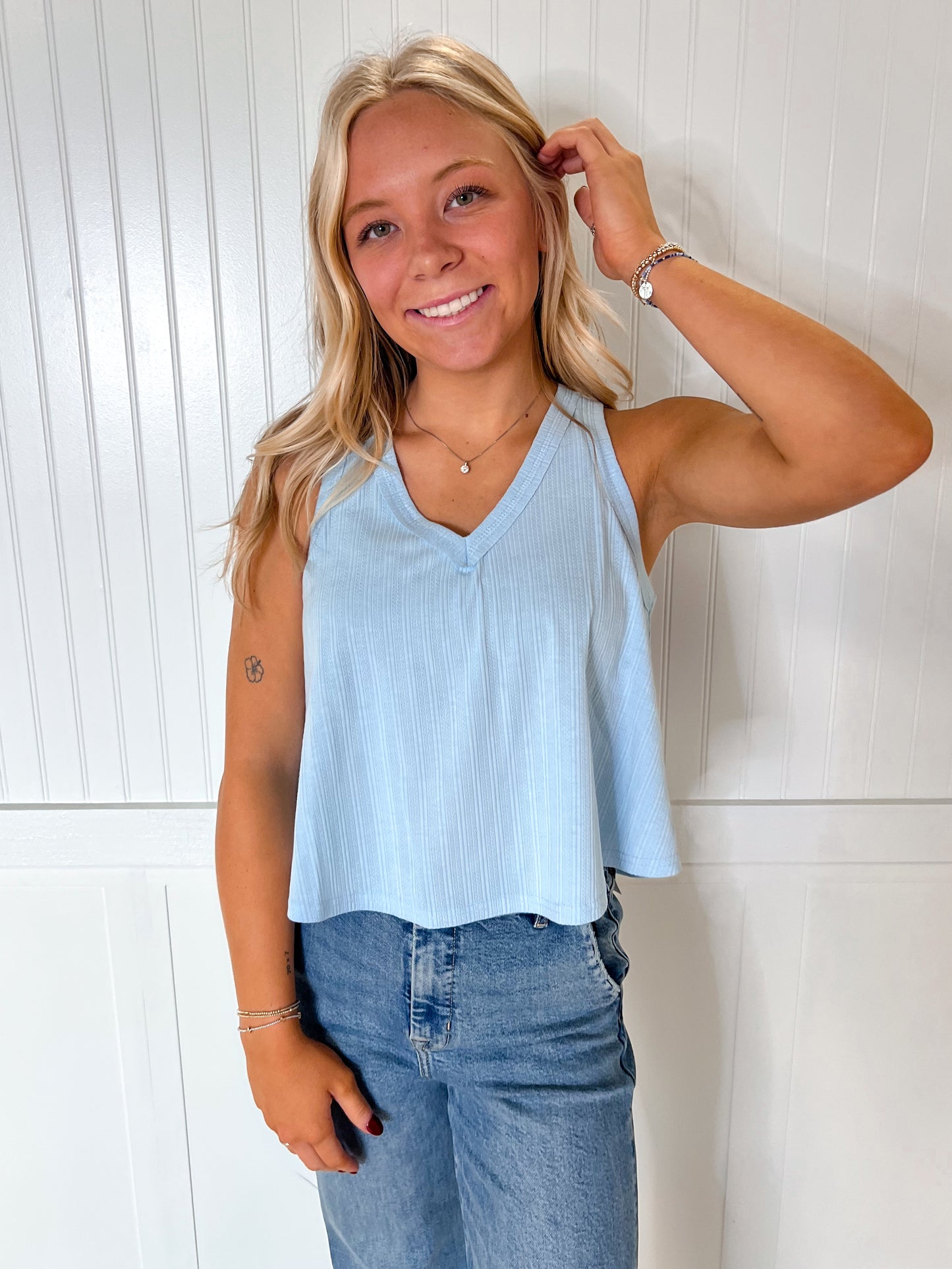 Marda Sleeveless Soft Knit Swing Crop Top - Blue-VERY J-07/24/25,1st md,Bin B5,FD 6/24/25,OGP 28.99,Tops Collection-The Twisted Chandelier