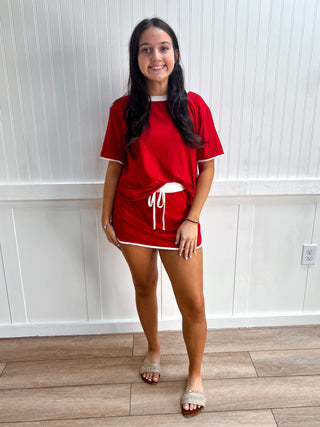 Scottie Contrast Trim Knit Game Day Skort Set - Red