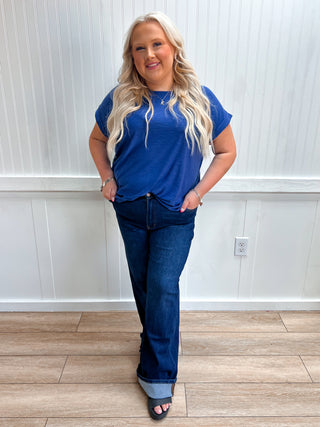 Addie Slub Cuffed Sleeve Tee - Plus - Navy-Top-ZENANA-FD 08/03/26,gameday,Tops Collection-The Twisted Chandelier
