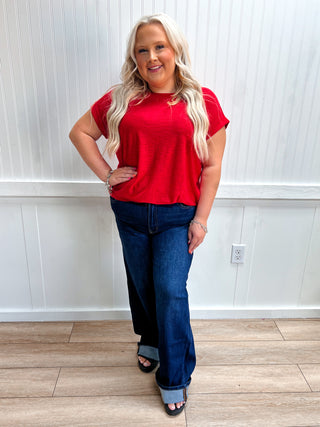 Addie Slub Cuffed Sleeve Tee - Plus - Ruby-Top-ZENANA-FD 08/05/26,Tops Collection-The Twisted Chandelier