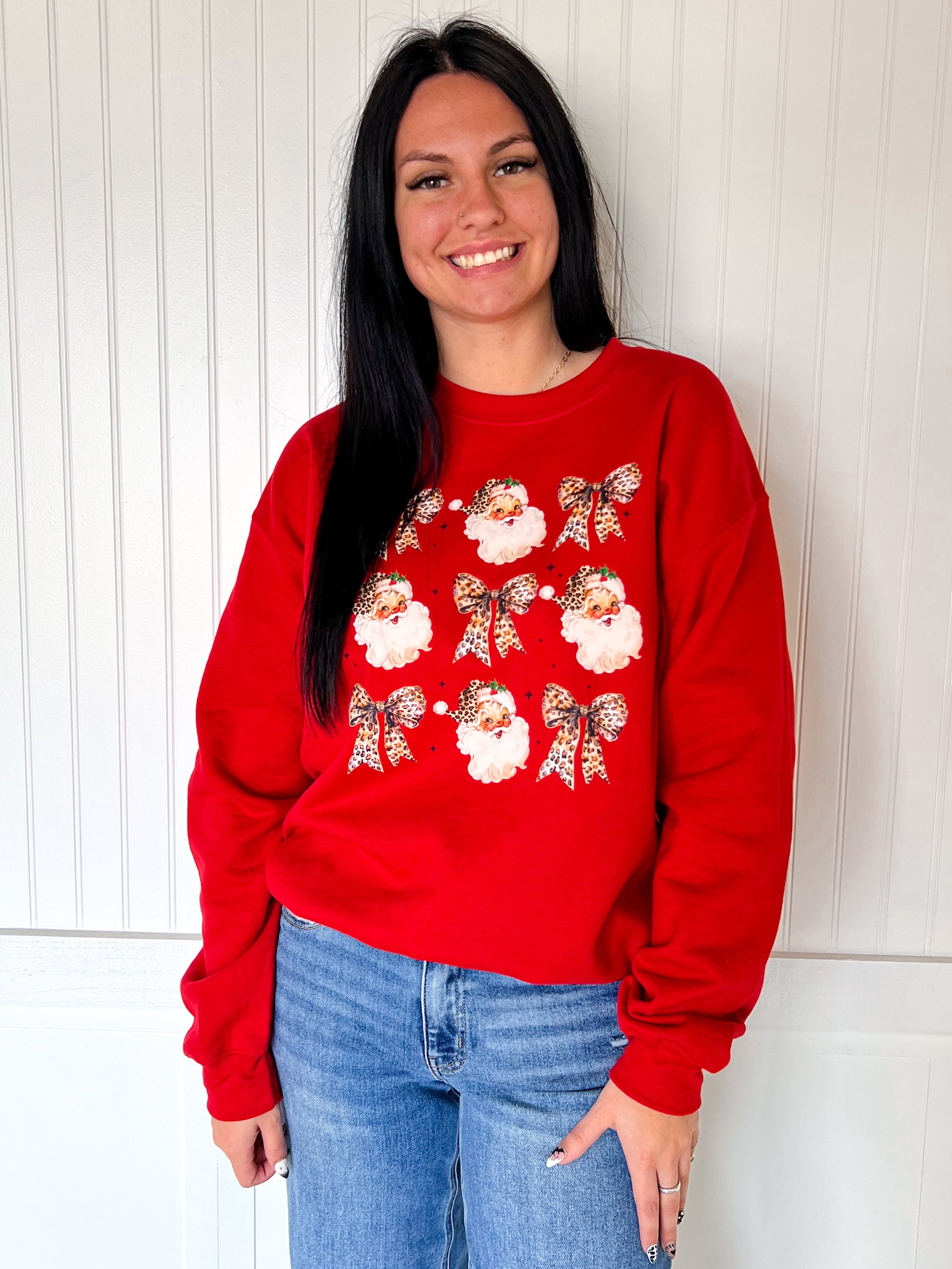 Leopard Bow Santa Design Sweatshirt-Top-This Wild Life Wholesale-BIN A 3,OGP 54.99,Tops Collection-The Twisted Chandelier