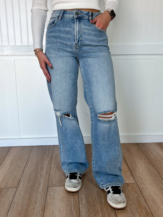 Mia Medium Light Knee Distressed Stretch Dad Hidden Jeans-Dad Jeans-Hidden Jeans-Bin b6,bottoms,FD 02/25/25-The Twisted Chandelier