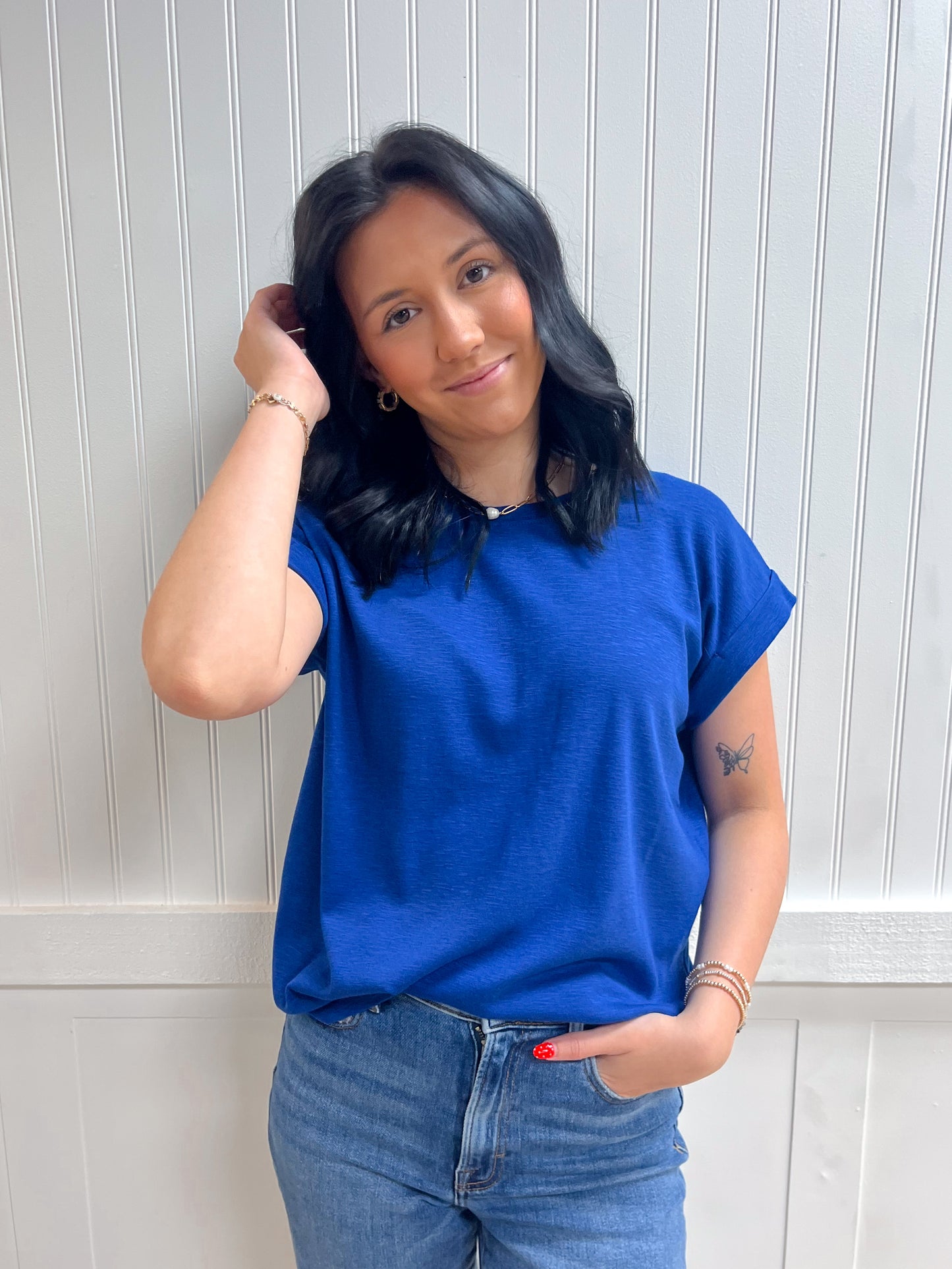 Delaney Cotton Modal Slub Rolled Sleeve Tee - Light Navy-ZENANA-Tops Collection-The Twisted Chandelier