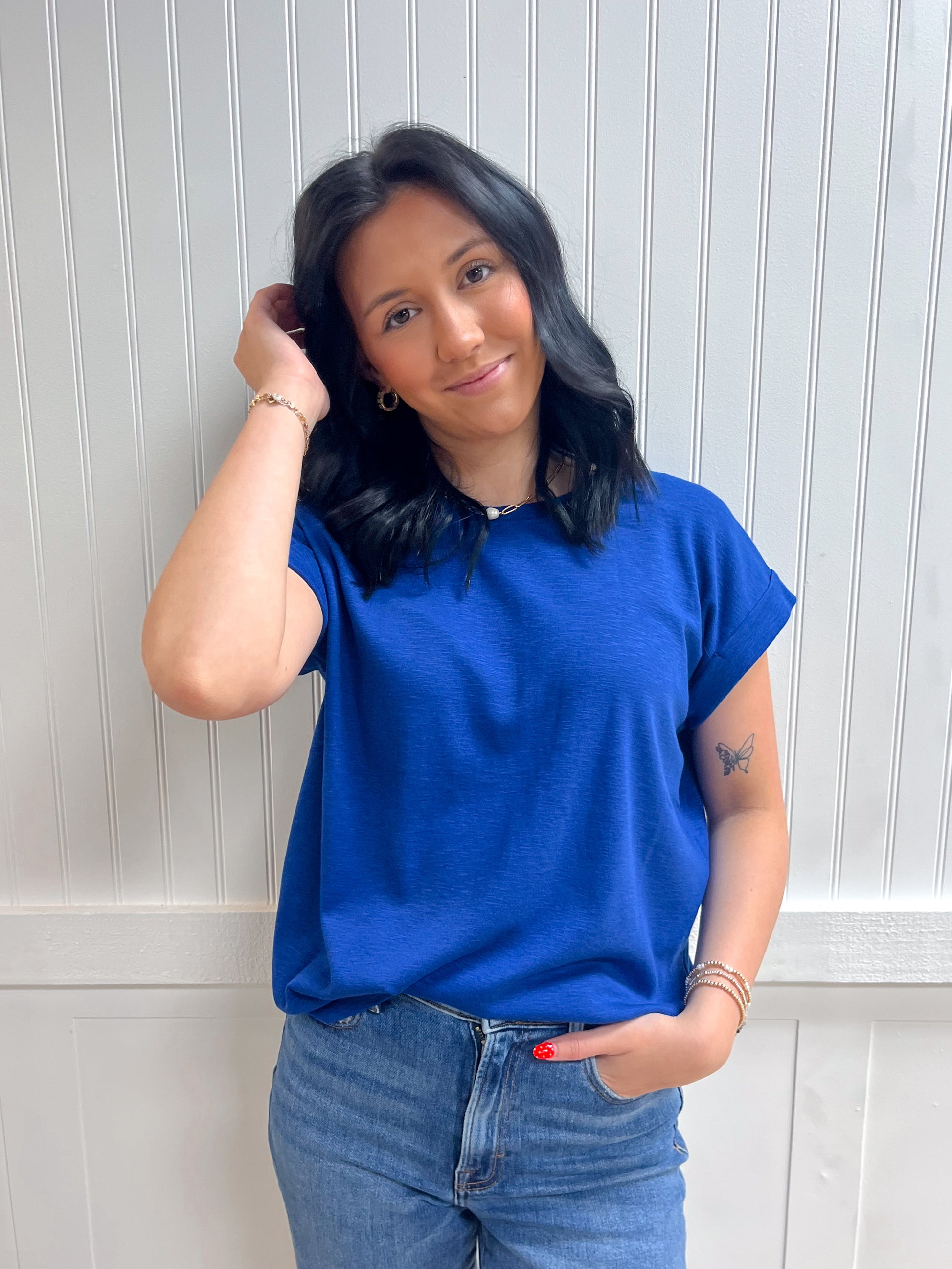 Delaney Cotton Modal Slub Rolled Sleeve Tee - Light Navy-ZENANA-Tops Collection-The Twisted Chandelier