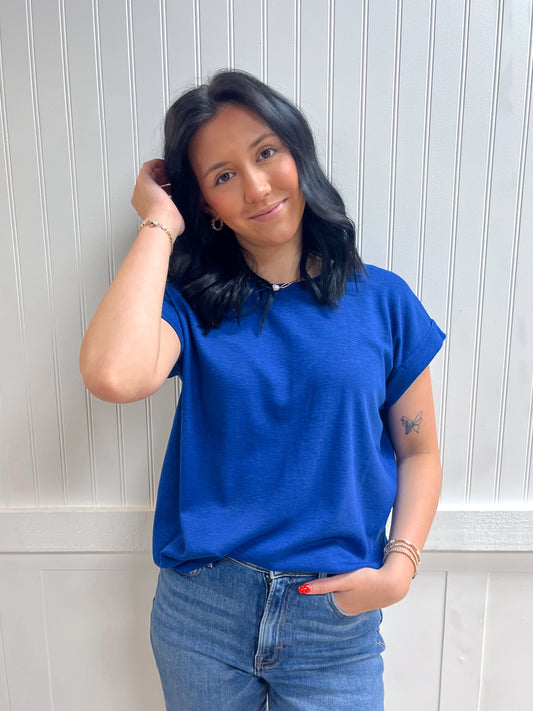 Delaney Cotton Modal Slub Rolled Sleeve Tee - Light Navy-ZENANA-Tops Collection-The Twisted Chandelier