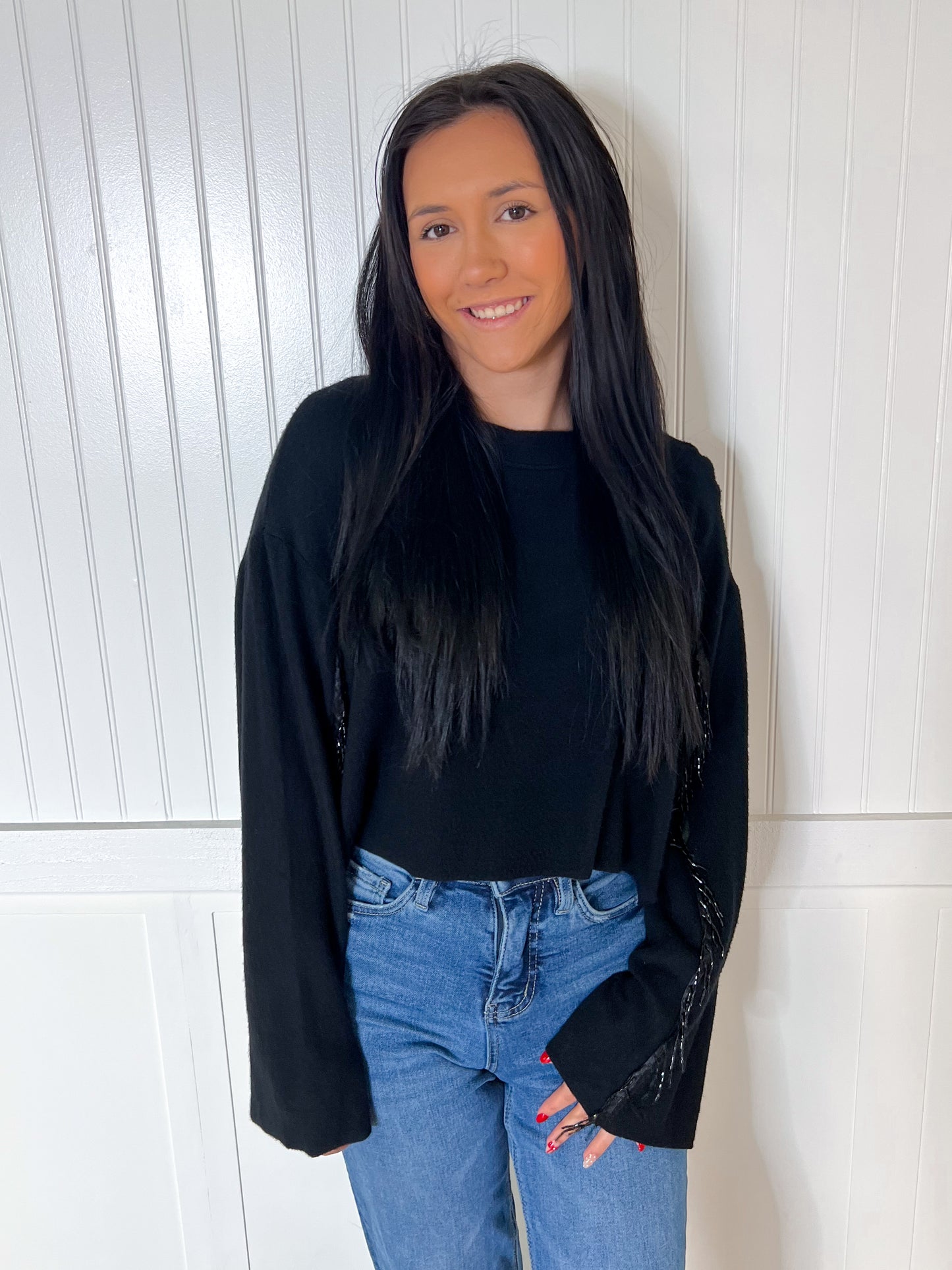 Valentina Black Sweater Rhinestone Fringed Sleeves-Sweater-Vocal-20005L,Max Retail,not on the floor only in totes,Winter Tote T1-The Twisted Chandelier