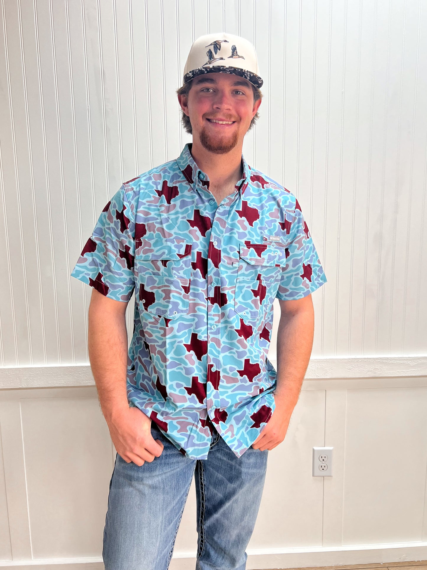 Men's Texas Maroon Camo Fishing Shirt-Men's Tops-SALT WATER SOUL-FD 02/18/26,Men's-The Twisted Chandelier