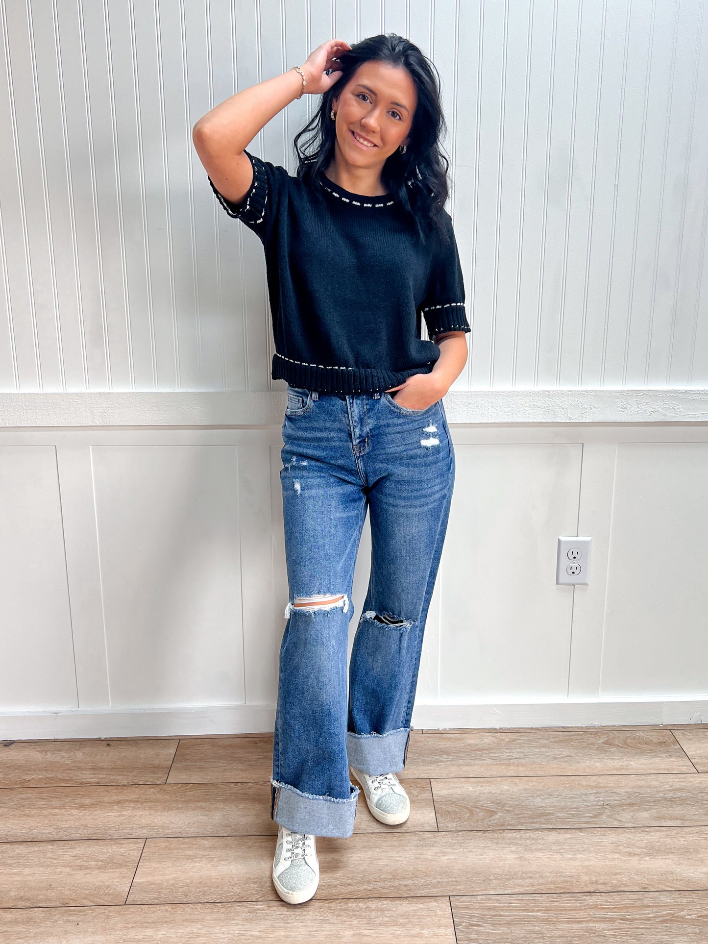 Josie Short Sleeve Round Neck Sweater with Contrast Color Stitch - Black