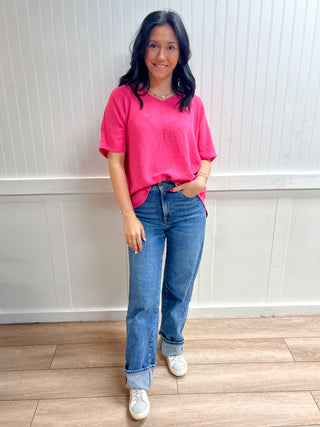 Brynn Woven Airflow V-Neck Short Sleeve Top - Fuchsia-Shirts & Tops-ZENANA-05/26/26,FD 03/12/26,OGP 39.99,Tops Collection-The Twisted Chandelier