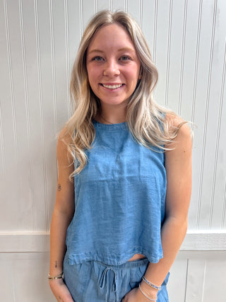 Hadley Back Button Sleeveless Chambray Top-Shirts & Tops-Blu Pepper-CR2967,FD 03/12/26,RWB,Tops Collection-The Twisted Chandelier