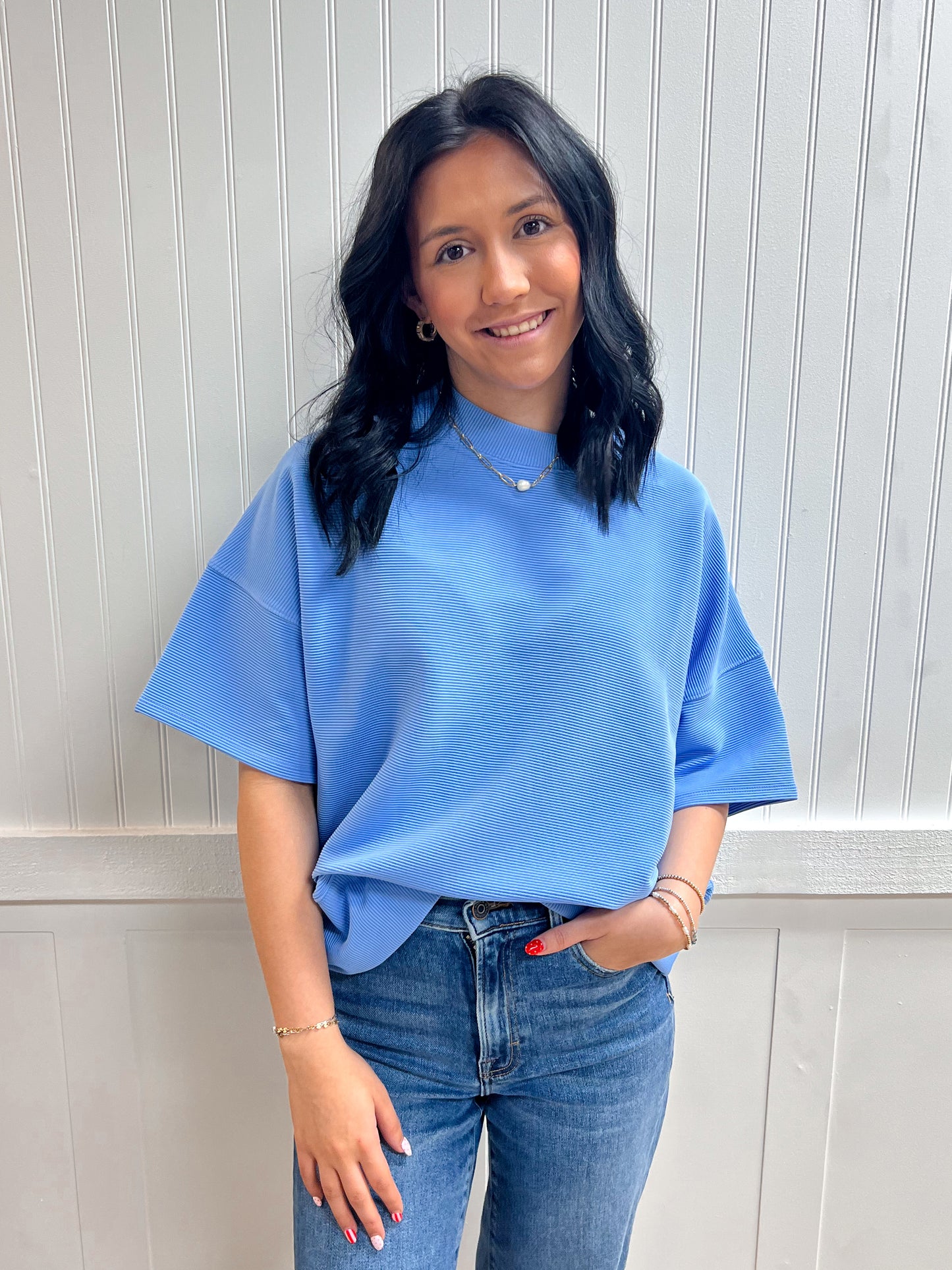 Kinsley Ribbed Round Neck Waist Banded Tee Shirts - Cornflower Blue-Zenana-Tops Collection-The Twisted Chandelier