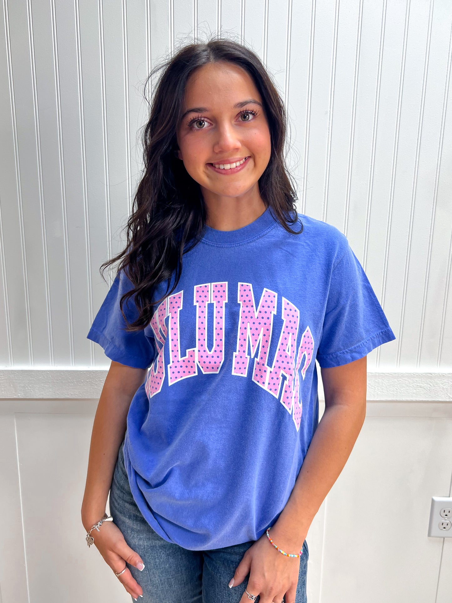 Daisy Polka Dot Blue Comfort Colors Tee-Shirts & Tops-Girlie Girl Originals-FD 04/03/26,LM-PD-1001,Tops Collection-The Twisted Chandelier