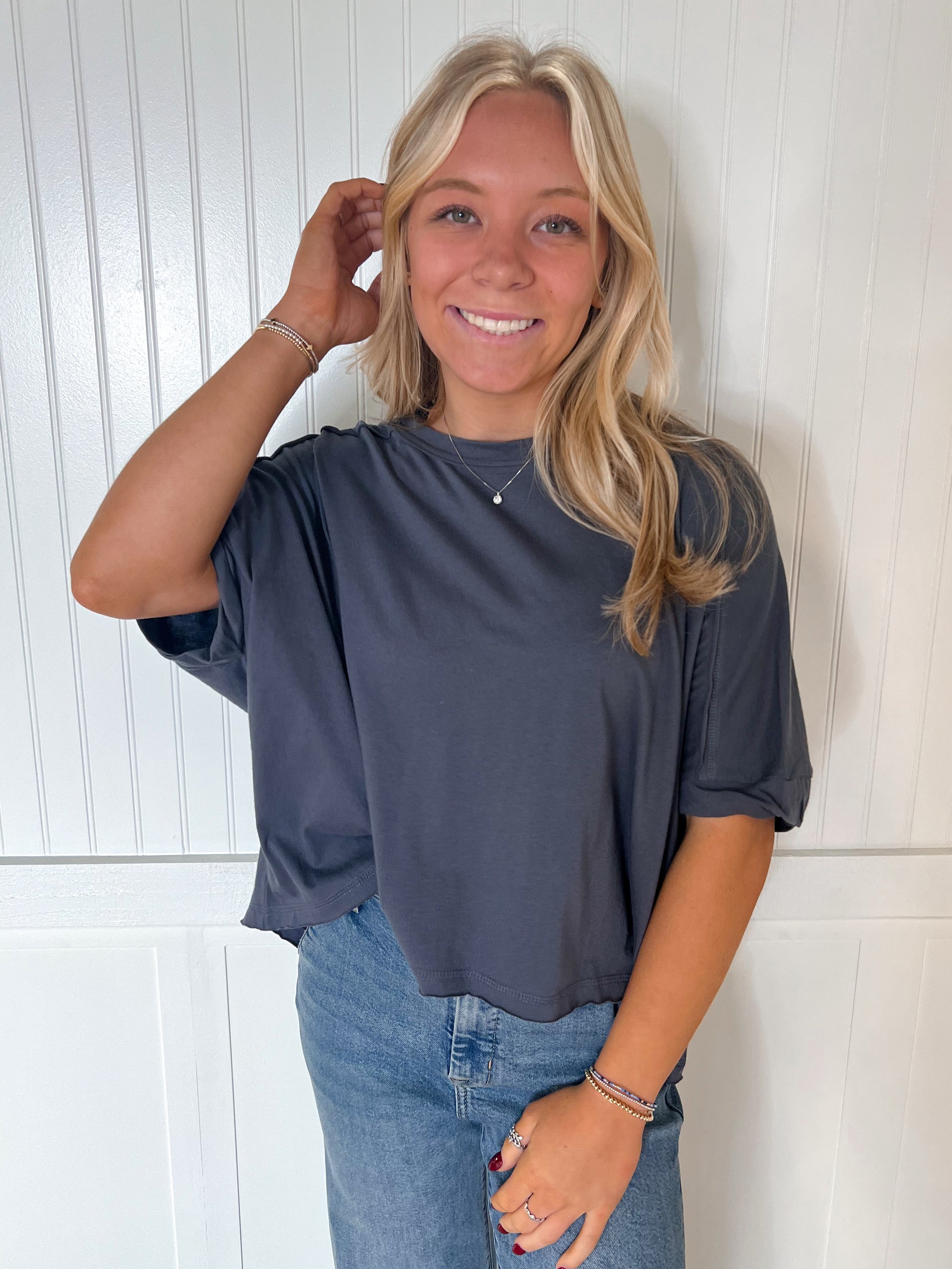 Jillian Oversized Crop Comfy Knit Top - Charcoal-VERY J-BIN A 3,FD 8/5/25,NT12068,OGP 42,Tops Collection-The Twisted Chandelier