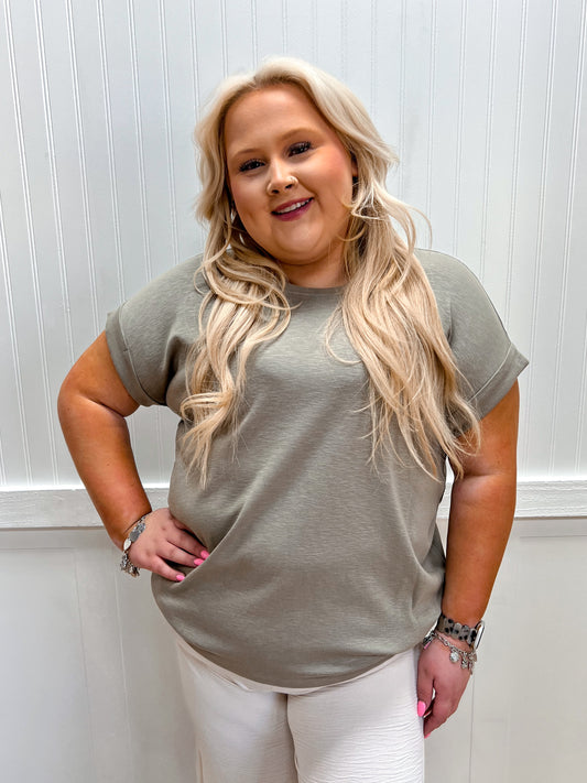 Delaney Cotton Modal Slub Rolled Sleeve Tee - Plus - Mushroom