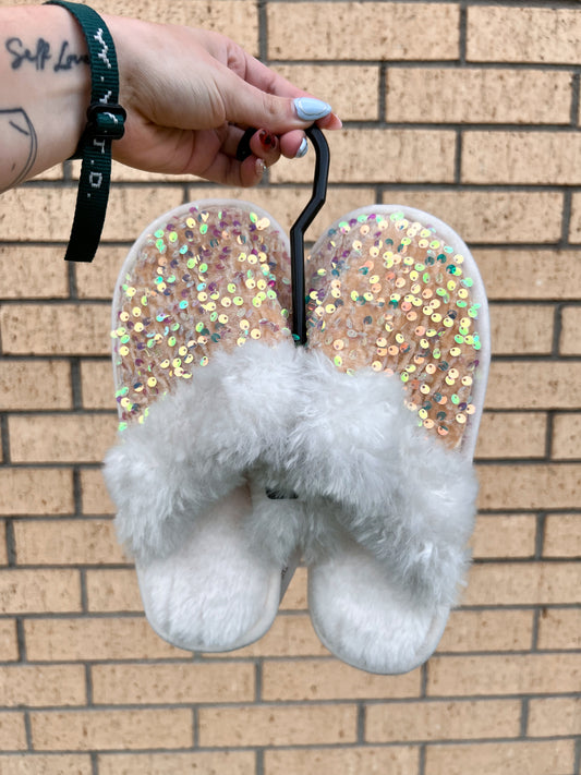 White Sequin Cozy Fluffy Fur Memory Foam Slippers-SHOES-Lucky & blessed-04/21/25,1st md,OGP 28.99-The Twisted Chandelier