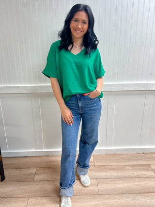 Brynn Woven Airflow V-Neck Short Sleeve Top - Kelly Green-Shirts & Tops-ZENANA-05/26/26,FD 03/12/26,OGP 39.99,Tops Collection-The Twisted Chandelier