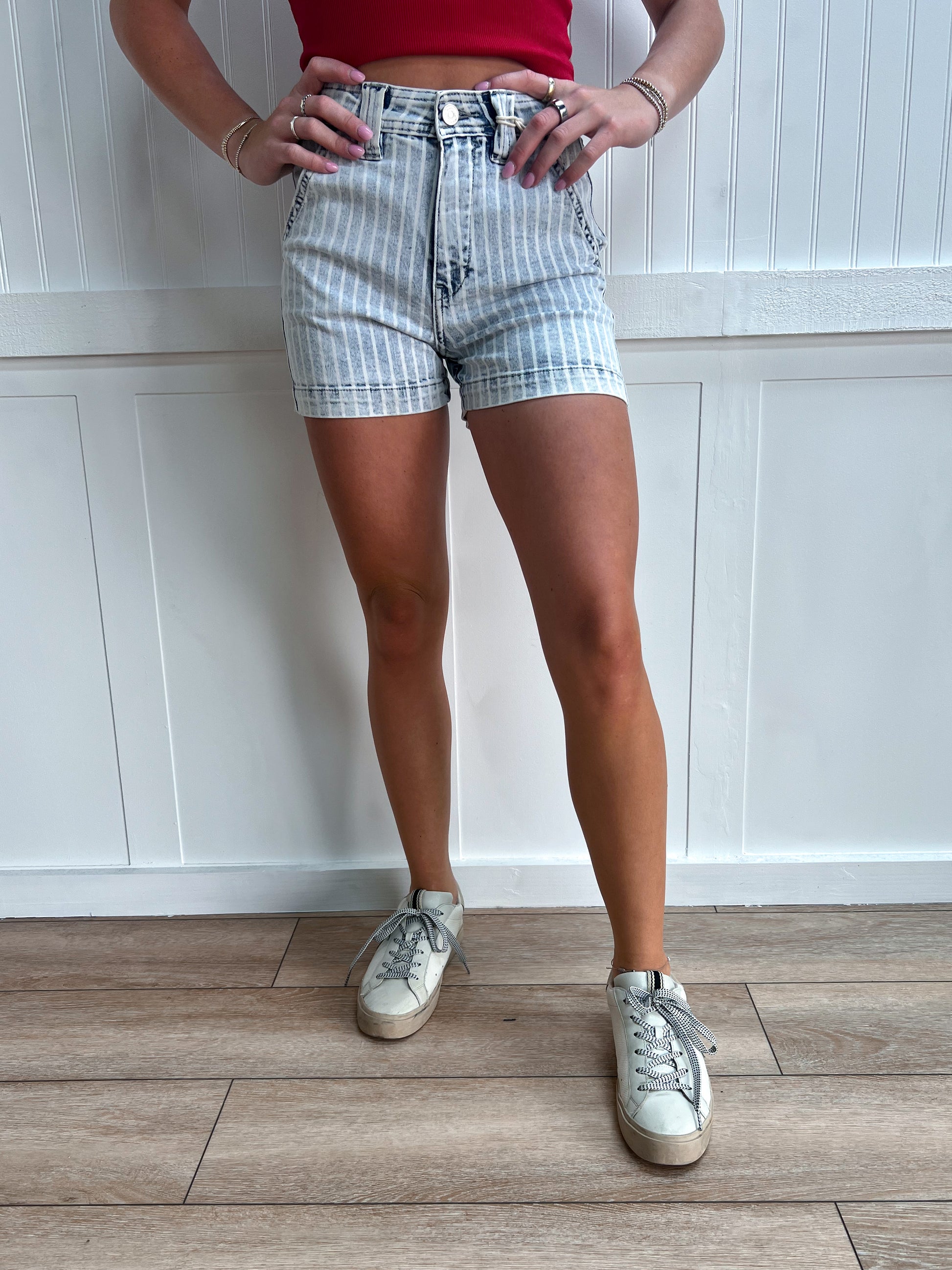 Landry Light Wash High Rise Stripe Denim Shorts-Denim Shorts-Kan Can USA-bottoms,KC9378L-The Twisted Chandelier